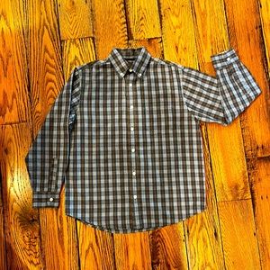 FIRST WAVE BLUE & BROWN PLAID COTTON BOYS SHIRT WITH CONTRASTING CUFFS SIZE 14